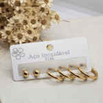 Trio de Brincos Aço Inox Dourado