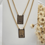 Escapulário Aço Inox Dourado Sagrado Coração e Nossa Senhora