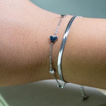 Pulseira Dupla Aço Inox Prata Com Detalhe Em Borboleta Maria